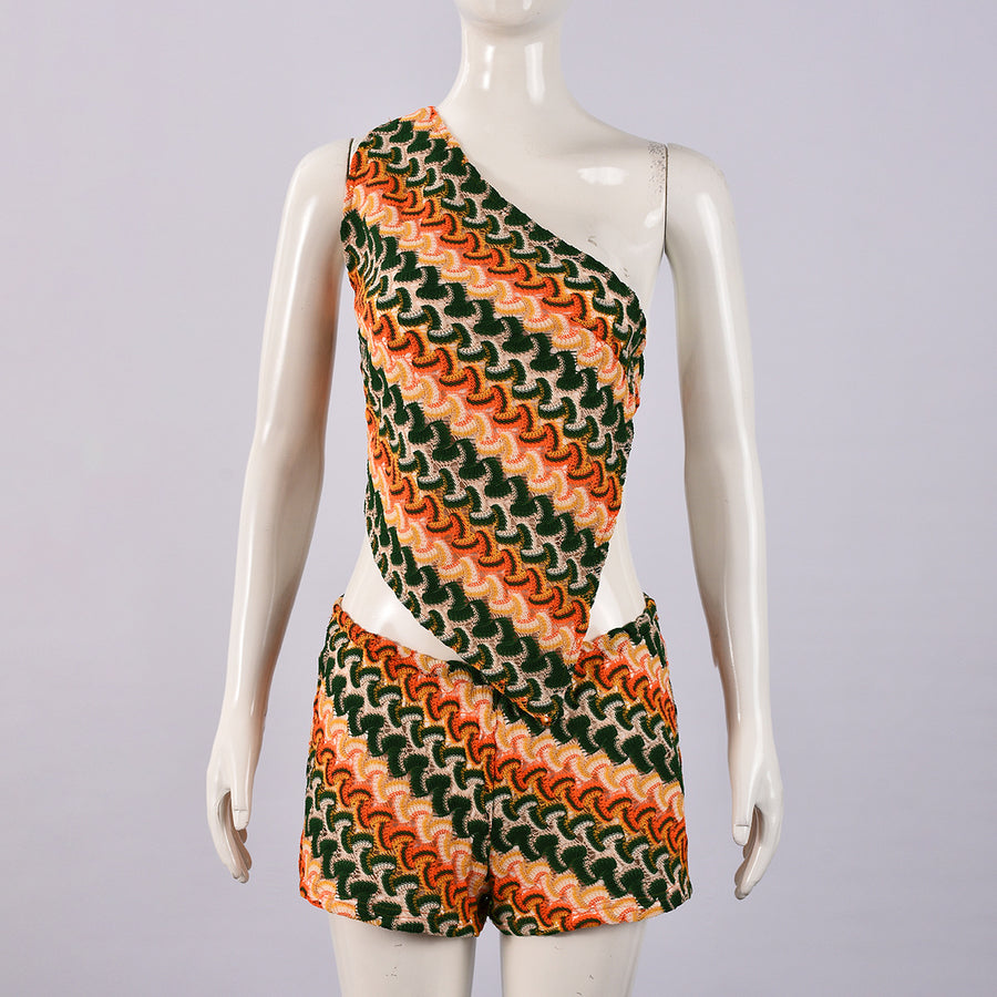 One Shoulder Knit Shorts Set