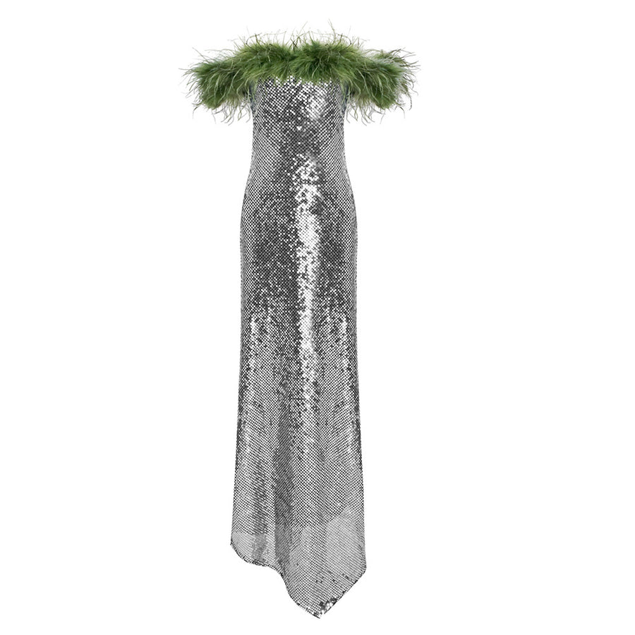 Silver + Emerald Feather Trim Sequined Maxi Dress