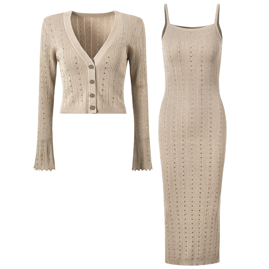 Knitted Cardigan + Cami Midi Dress Set