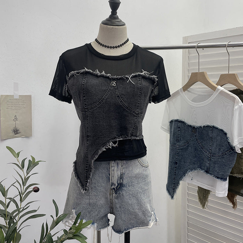 Mesh + Denim Crop Top