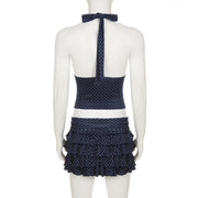 Navy Blue Polka Dot Halter Skirt Set