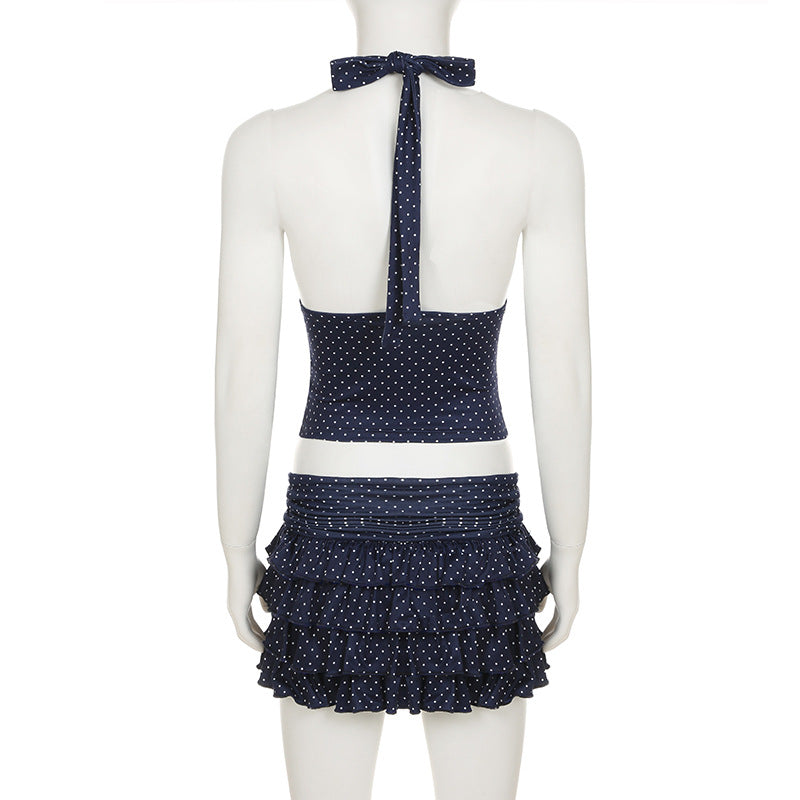 Navy Blue Polka Dot Halter Skirt Set