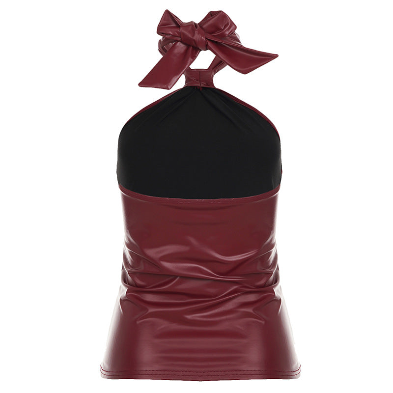 Burgundy Vegan Leather Halter Top