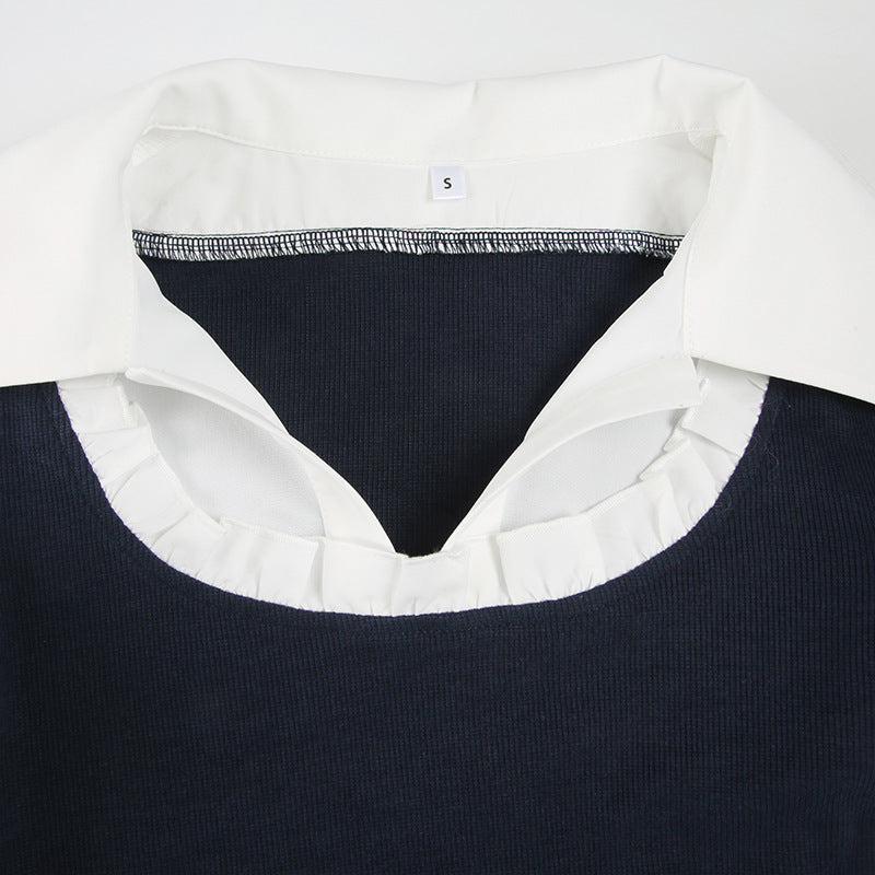 Navy Blue & White Pleated Mini Dress