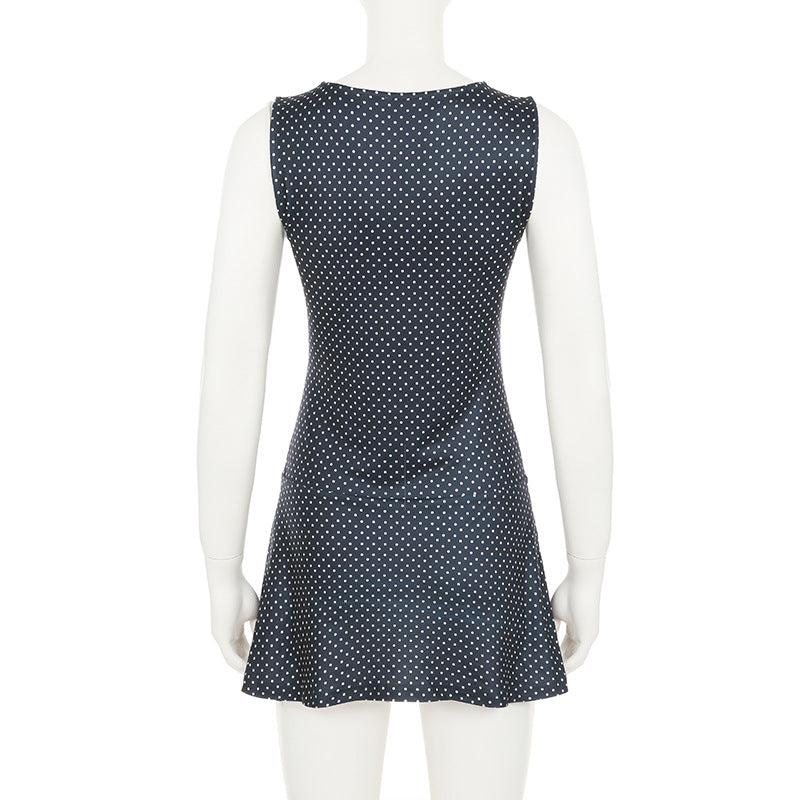 Navy Blue Sleeveless Polka Dot Mini Dress