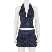 Navy Blue Polka Dot Halter Skirt Set
