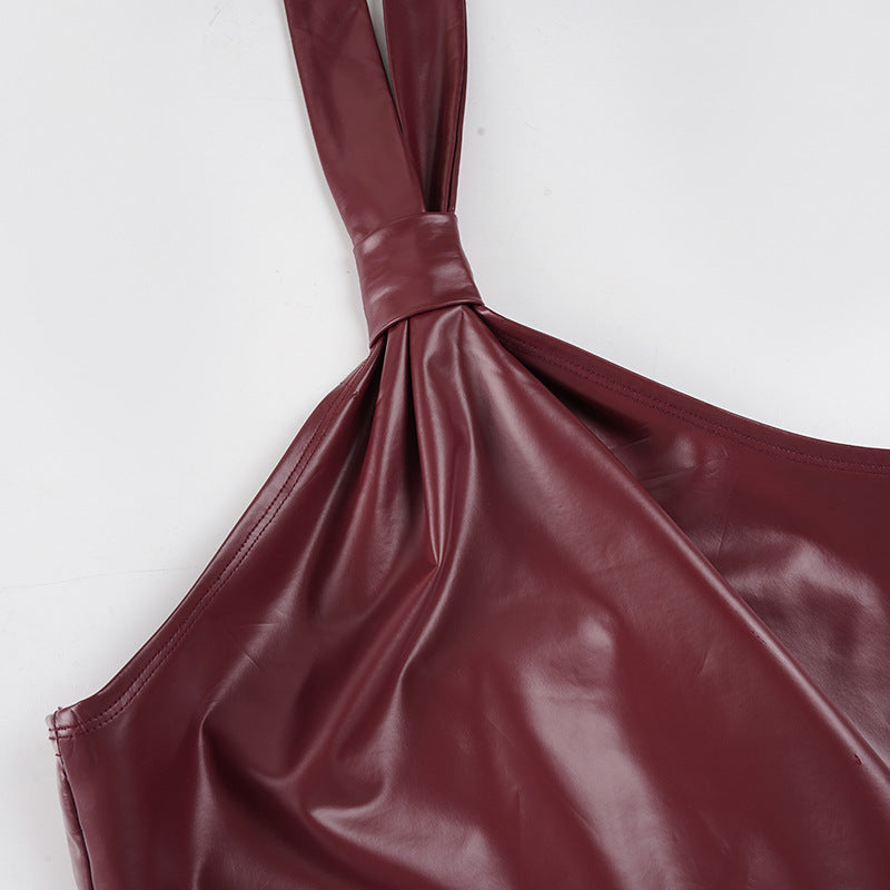Burgundy Vegan Leather Halter Top