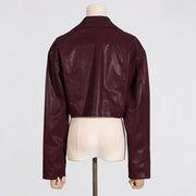 Wine Vegan Leather Loose Fit Cropped Coat