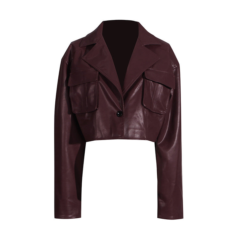 Wine Vegan Leather Loose Fit Cropped Coat